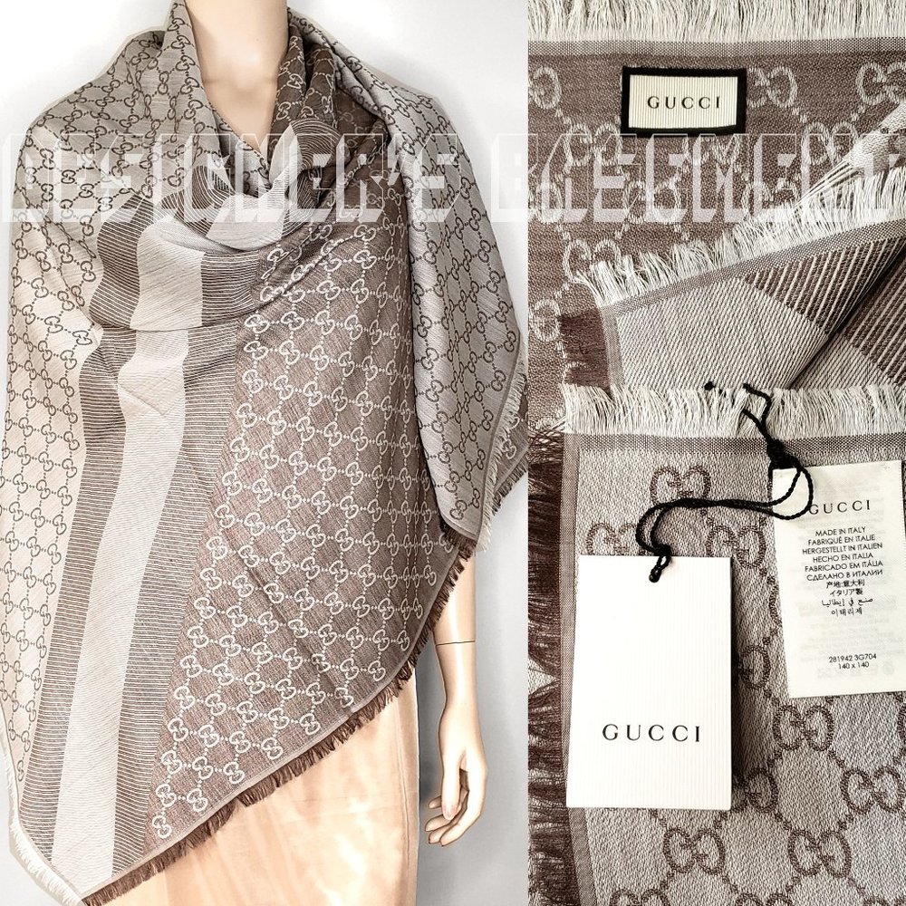 GUCCI Stone beige & Ivory GGWEB giant 55"-sqre wool/silk pashmina shawl scarf 🎁